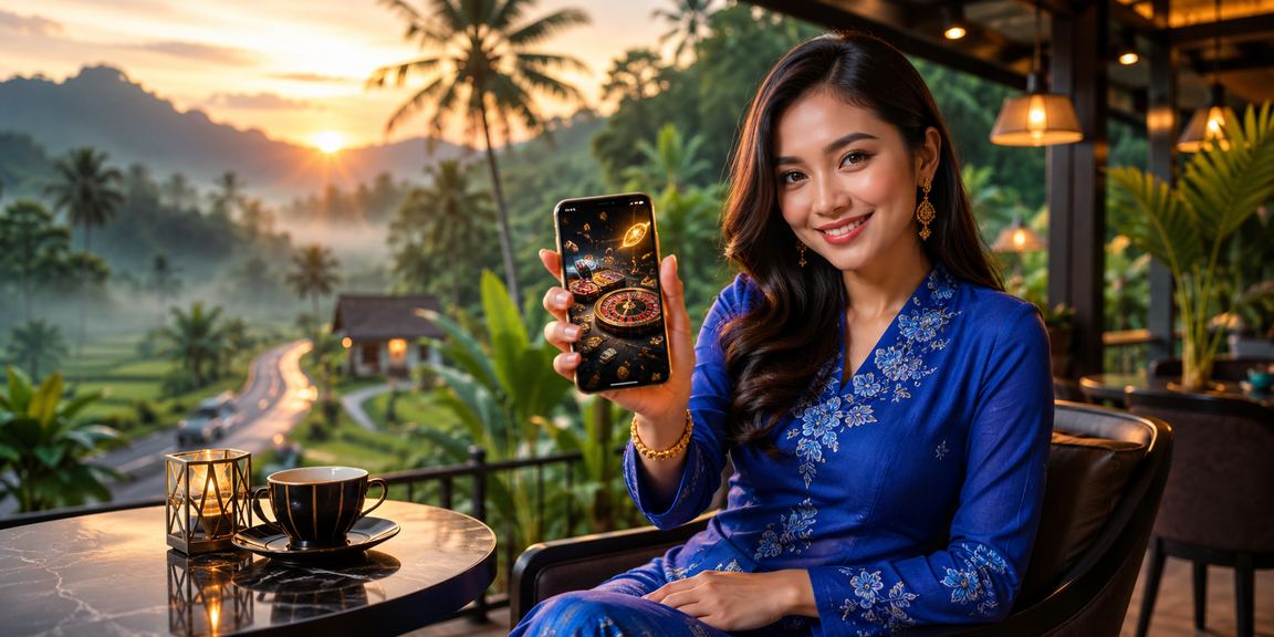 Skrin aplikasi kasino mudah alih dengan tema baju kurung Malaysia